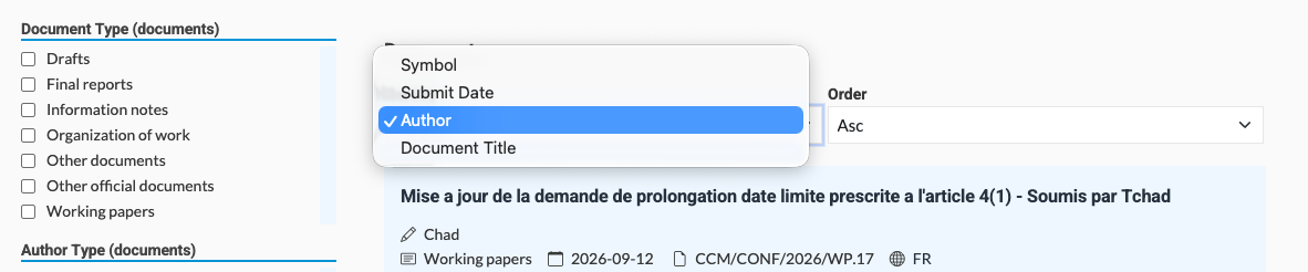 Document search controls showing document type, author type, and sorting options above a filtered result