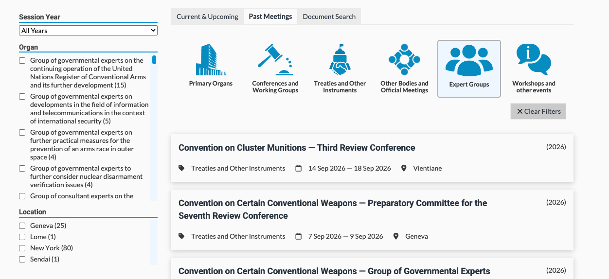 Past Meetings page with filters for session year, UN organ, location, and meeting type
