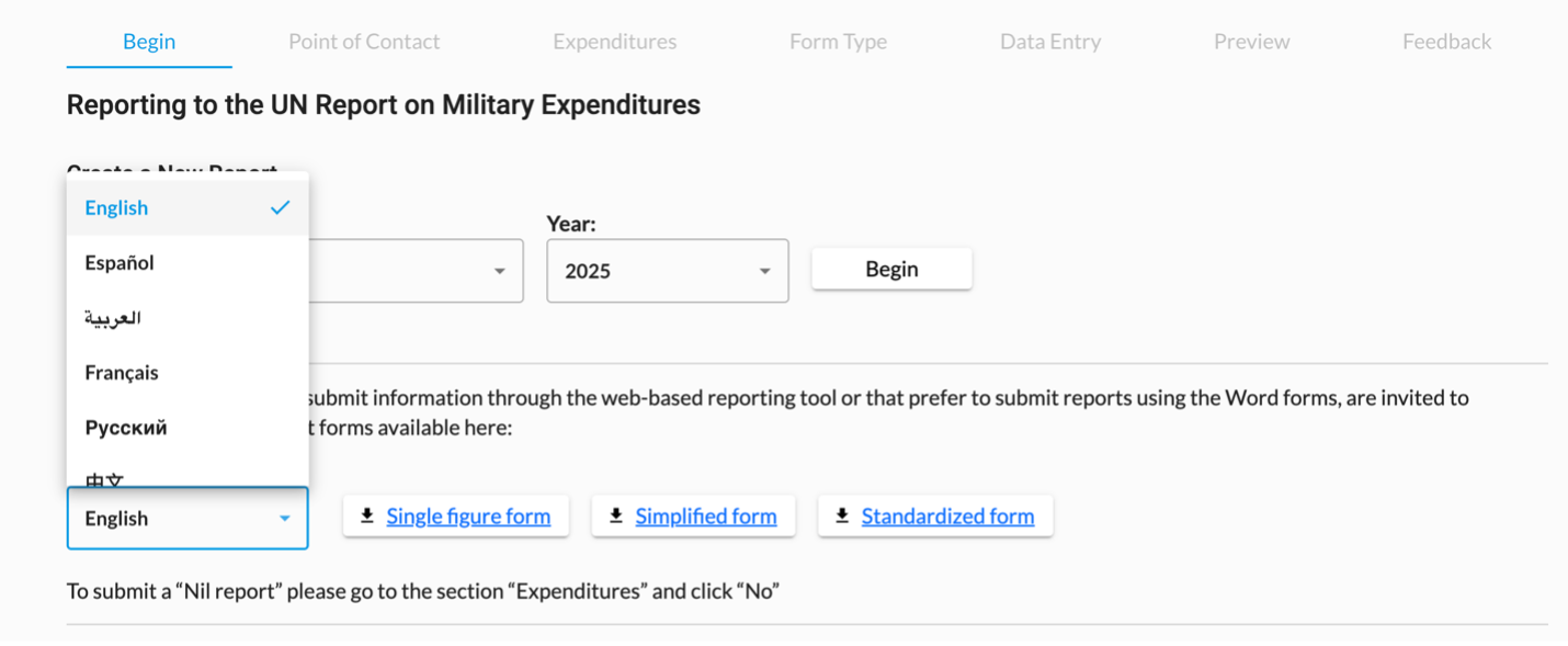 Military expenditure reporting workflow with step navigation, language selection, year selection, and report template downloads