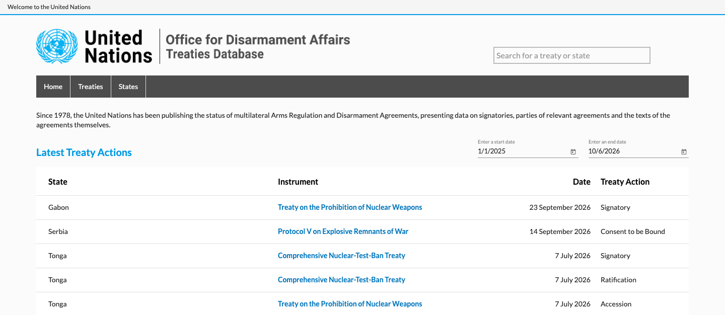 UNODA Treaties Database homepage showing the latest treaty actions table with State, instrument, date, and treaty action