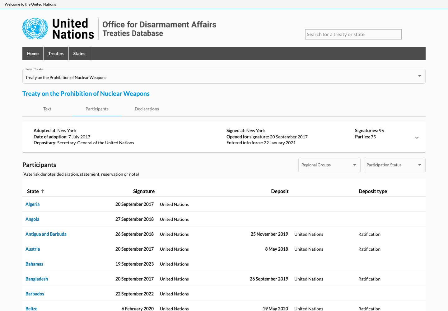 Public UN Treaties Database record for the Treaty on the Prohibition of Nuclear Weapons, with treaty details and a participant table