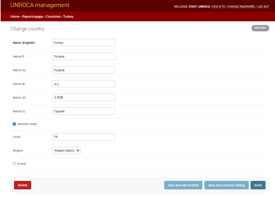 UNROCA administrative country record showing translated country names and Member State settings